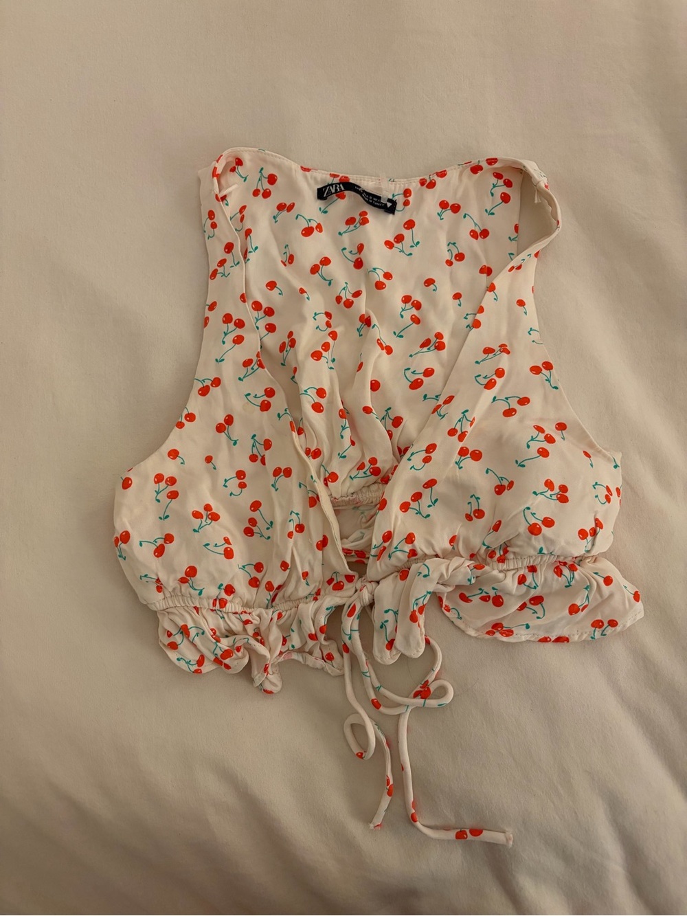 Zara White Cherry-Print Tie-Front Crop Top